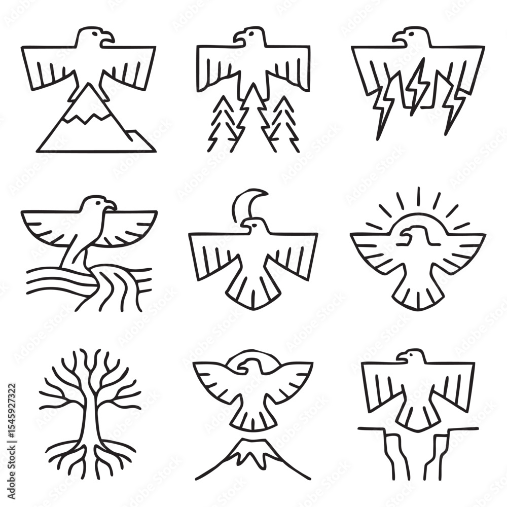 Fototapeta premium Thunderbird Nature Elements Icon Set – Black and White Vector Line Art