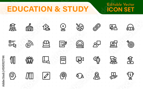 Education set of web icons in line style. Learning icons for web and mobile app. E-learning, video tutorial, knowledge, study, school, university, webinar, online education.
