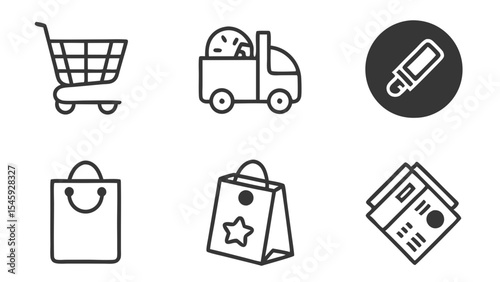 A collection of shopping related icons featuring a cart truck marker bag and newspaper in outline style