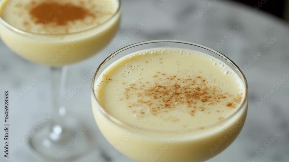 A refreshing cocktail based on egg liqueur and cinnamon in elegant coupe glasses, ideal for festive events or bar menus.