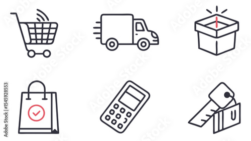 Collection of shopping related icons featuring a cart truck gift bag calculator and payment method symbols