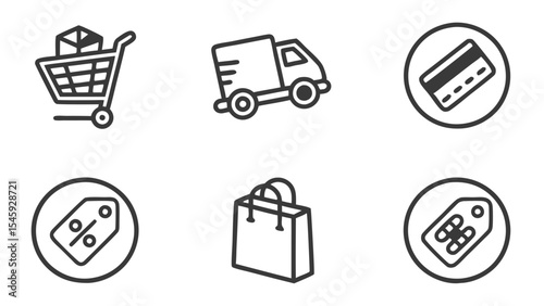 Collection of shopping related icons featuring a cart truck credit card and various retail symbols