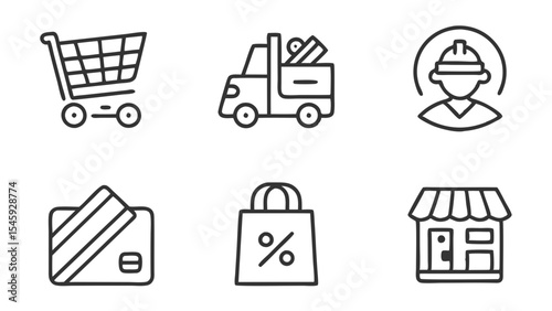 Collection of shopping related icons including a cart, truck, worker, card, bag, and store front