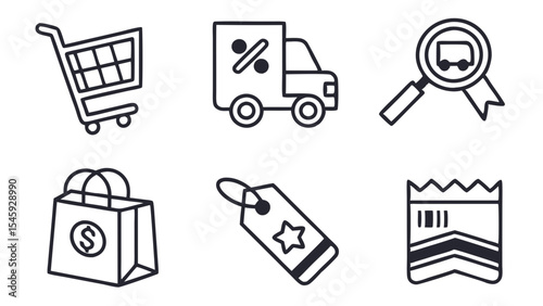 Collection of shopping related icons depicting a cart, delivery truck, and various retail symbols