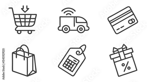Six line art icons depicting a shopping cart, van, credit card, bag, tag, and gift box with percentage sign