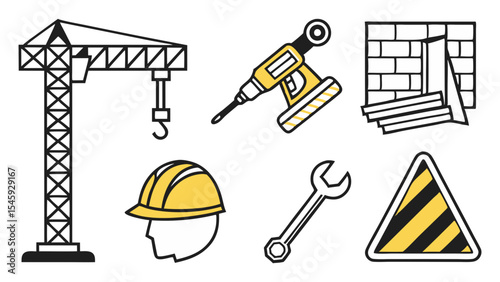 A collection of building site equipment and safety gear including crane, drill, and hard hat design