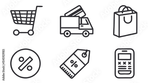 A collection of six simple line drawings depicting various aspects of online commerce and retail sales