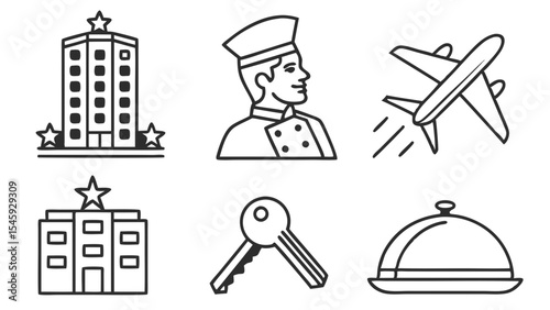 Outlined icons depicting travel and hospitality services including hotel chef airplane and key object