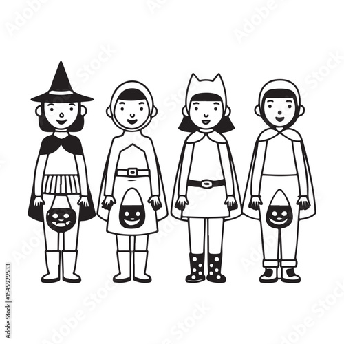 Four Kids in Halloween Costumes Candy Bags children