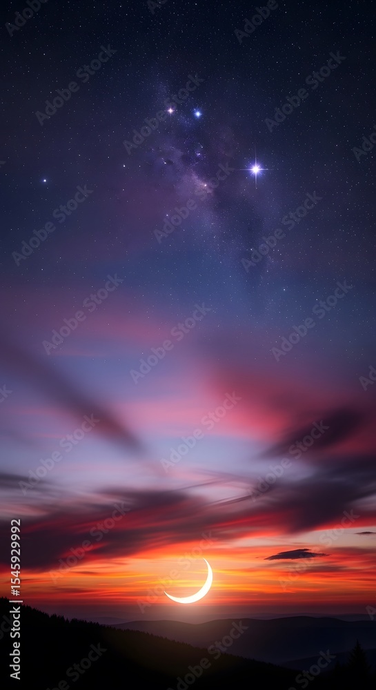 Fototapeta premium Crescent Moon and Starry Night Sky over Dramatic Sunset Landscape