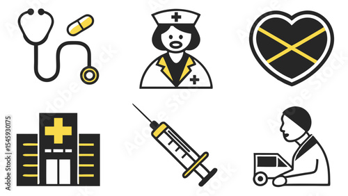Collection of health symbols including stethoscope, pill, nurse, shield, hospital and ambulance