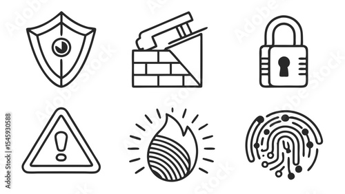 Six distinct icons representing security measures including a shield firewall and fingerprint scan