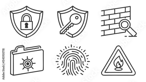 Collection of security themed line drawings including shields, key, fingerprint, and fire warning
