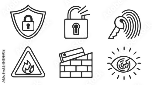 Collection of security themed line drawings featuring a shield, padlock, key, fire, and eye icon