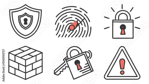 Collection of security themed icons including shield, fingerprint, padlock, firewall, key and warning sign