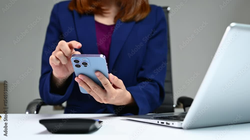 Businesswoman hand working digital marketing media in virtual screen with mobile phone and modern compute