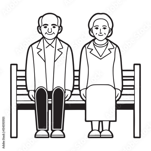 Elderly Couple Sitting Park Bench Black White Line Art