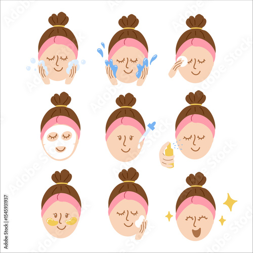 Woman's skincare face routine illustration