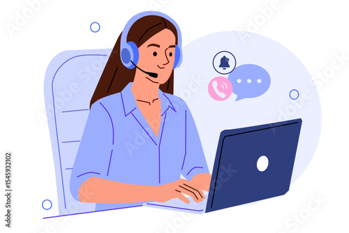Call center concept. Characters using artificial intelligence generative tools for communication. Call center, customer service, assistance concept. Vector illustration.
