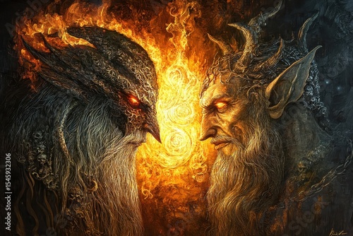Saint and demon confront each other with fire illuminating their intense expressions, Saint And Demon Art Lit Up With Fire
