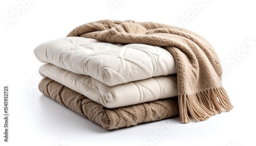 Stack of beige cozy blankets with white background.