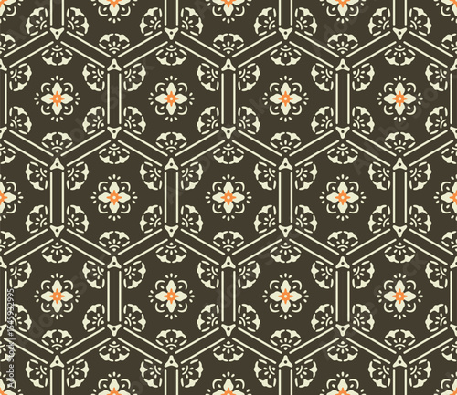Japanese Flower Hexagon Mosaic Vector Seamless Pattern