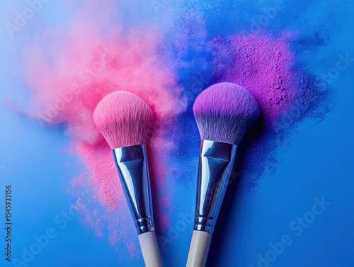 Two makeup brushes with vibrant pink and purple powder create dynamic and colorful display on blue background, showcasing beauty and creativity