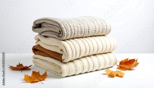 Stacked cozy sweaters and autumn leaves.