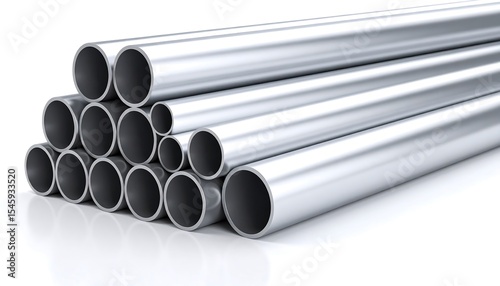 Stacked metal pipes against a white background.