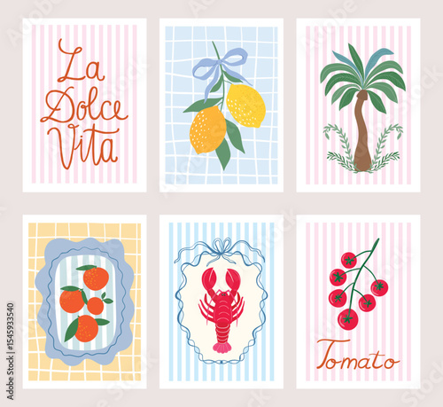 Mediterranean posters, cards, backgrounds with summer aesthetic elements, lemons, cherry tomatoes, lobster, vector illustration