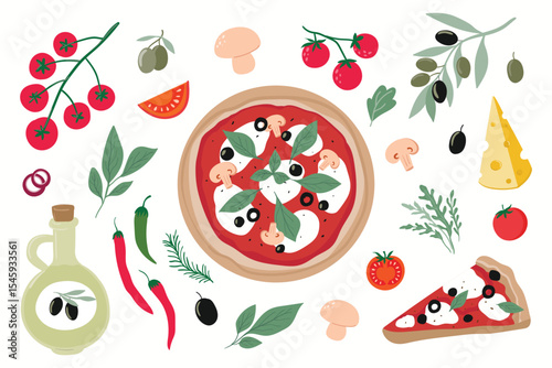Pizza elements collection, Italian traditional food isolated on white, vector illustration
