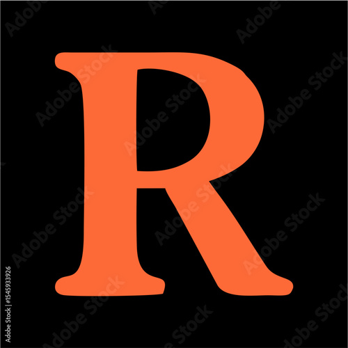 Bold Orange Serif Letter R Monogram on Black Background – Modern Alphabet Logo Vector,A minimalist vector design featuring a bold uppercase serif letter “R” in vibrant orange, elegantly placed on a s.