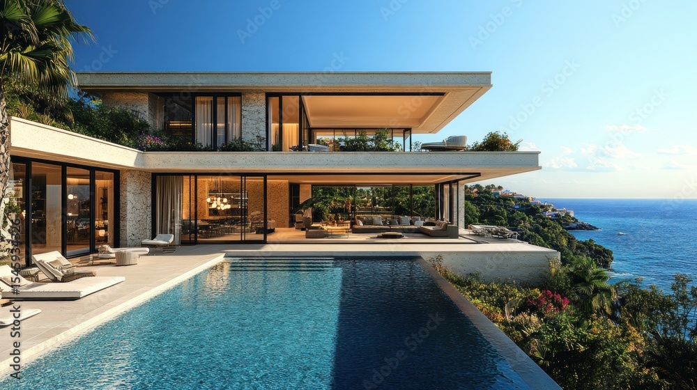 Fototapeta premium Modern coastal villa with infinity pool and breathtaking ocean views.