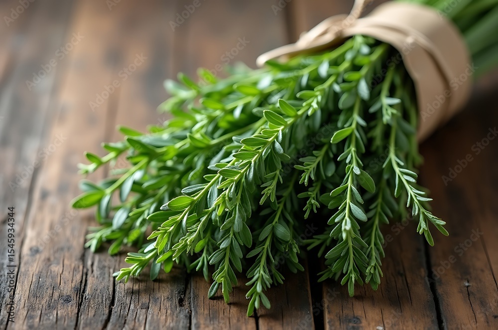 Fresh Green Herbal Bundle Tied on Rustic Table Background ai generated Fresh Green Herbal Bundle Tied on Rustic Table Background ai generated