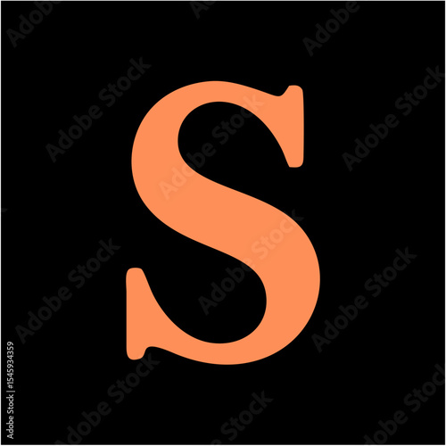 Bold Serif Letter S Monogram Logo on Solid Black Background, A high-contrast vector design featuring an uppercase serif letter “S” in bold orange against a sleek black background.