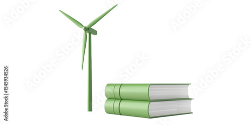 environmental policy climate change regulation, Green wind turbine and stack of books symbolizing sustainability.