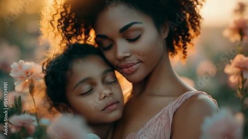 Affectionate black mother hugging her daughter in blooming field at sunset, warm soft tones, emotional family moment, video background for parenting blogs, Mother's Day promotions, family lifestyle
