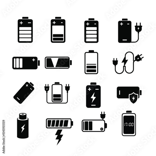 Battery Charging and Power Icon Set for Energy, Electricity, and Mobile Device Concepts .