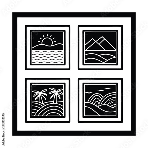 Four framed landscapes in black and white line art