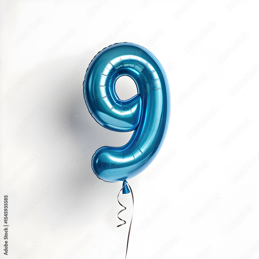 Obraz premium A balloon shaped like the number 9, chrome blue metallic finish with realistic reflections and smooth texture.
