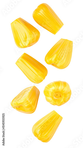 Ripe jackfruit segments dropping, revealing golden yellow flesh against clean transparent backdrop