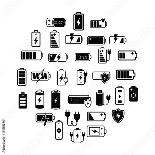 Battery Charging and Power Icon Set for Energy, Electricity, and Mobile Device Concepts .