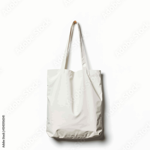 Modern white tote bag with long handles on plain background  
