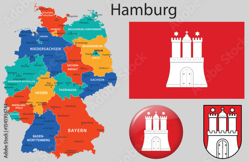 Vector set of Hamburg including the official flag, coat of arms, and updated map. Part of the complete German flag and emblem collection.