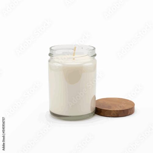 White scented candle in glass jar with wooden lid on white background  
