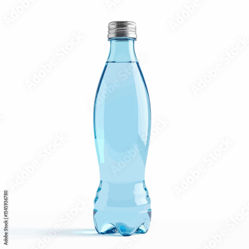 Clear blue water bottle with metallic cap on white background  