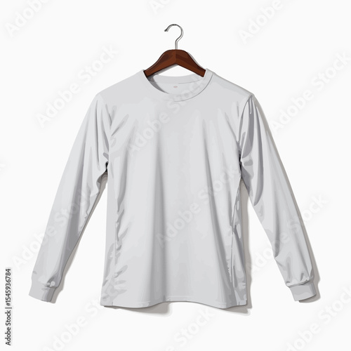 Long sleeve white t-shirt on wooden hanger against plain background  