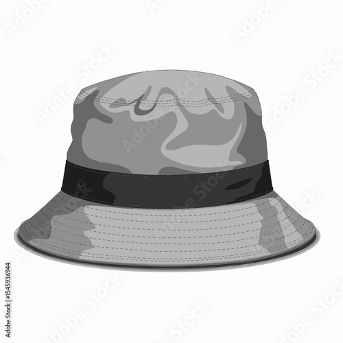 Gray camouflage bucket hat with black band on white background  
