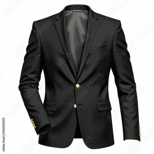 Elegant black suit jacket with gold buttons on neutral background  