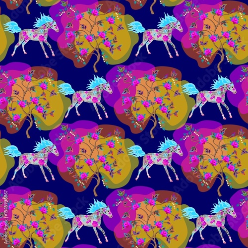 Galloping horses in a spring garden among flowering trees on a deep blue background. Seamless animal natural pattern for fabric.